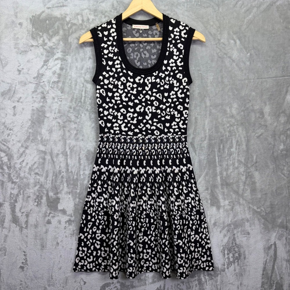 Rebecca Taylor Black White Leopard Print Knit Fit Flare Dress XS Sleeveless